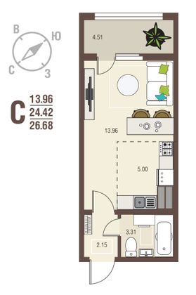 26,7 м², студия, 1/10 этаж