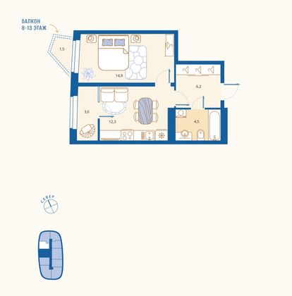 Продажа 1-комнатной квартиры 43 м², 9/18 этаж