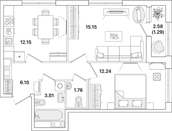 52,6 м², 2-комн. квартира, 6/12 этаж