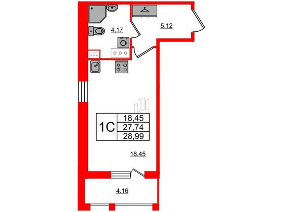 Продажа квартиры-студии 27,7 м², 2/12 этаж