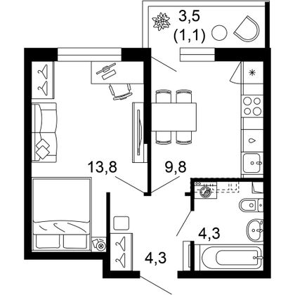 33,3 м², 1-комн. квартира, 1/12 этаж