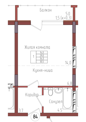 30,5 м², 1-комн. квартира, 2/9 этаж