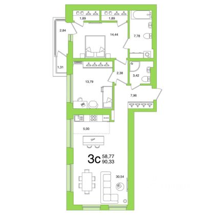 Продажа 3-комнатной квартиры 90,3 м², 25/25 этаж