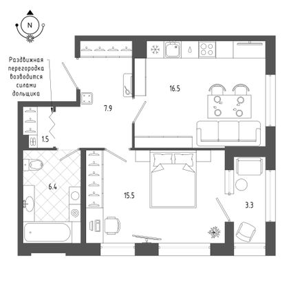 49,7 м², 1-комн. квартира, 2/18 этаж