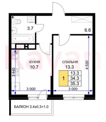 Продажа 1-комнатной квартиры 35,3 м², 3/16 этаж