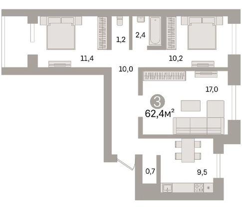 Продажа 3-комнатной квартиры 62,4 м², 1/9 этаж