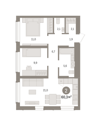 60,3 м², 2-комн. квартира, 2/9 этаж