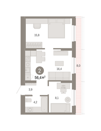 Продажа 2-комнатной квартиры 56,4 м², 7/7 этаж