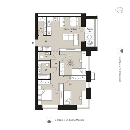 88,2 м², 3-комн. квартира, 2/12 этаж