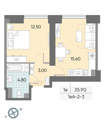 Продажа 1-комнатной квартиры 35,9 м², 3/58 этаж