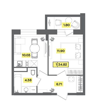 Продажа 2-комнатной квартиры 34,8 м², 3 этаж