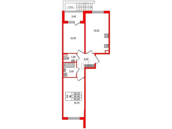 Продажа 2-комнатной квартиры 58,9 м², 1/4 этаж