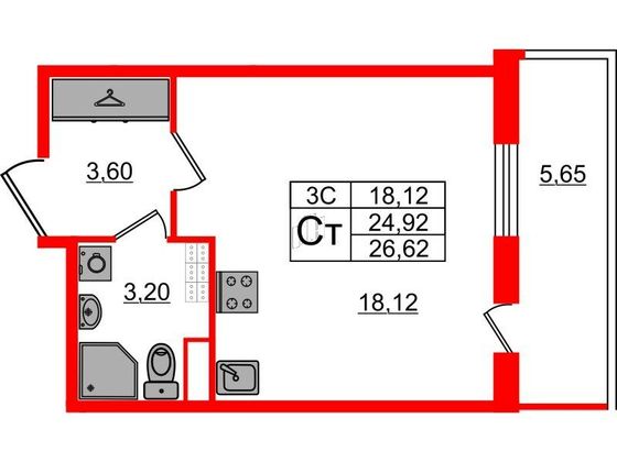 Продажа квартиры-студии 24,9 м², 4/5 этаж