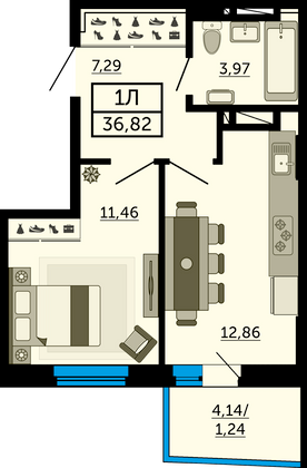 36,5 м², 1-комн. квартира, 22/27 этаж