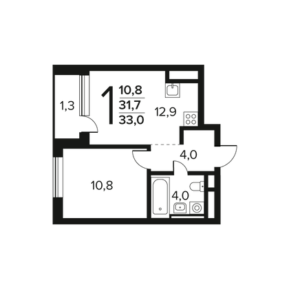 33 м², 1-комн. квартира, 3/9 этаж