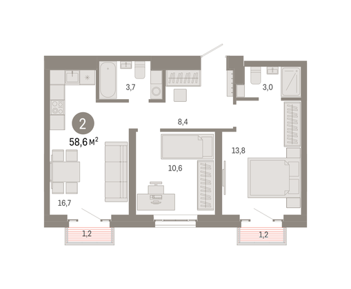 Продажа 2-комнатной квартиры 58,6 м², 14/31 этаж