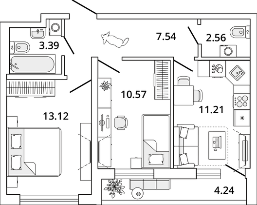 50,5 м², 2-комн. квартира, 1/19 этаж