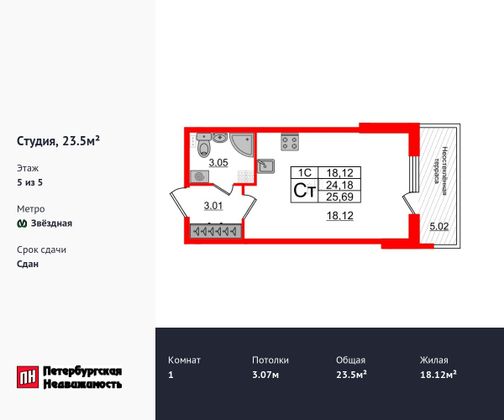 Продажа квартиры-студии 23,5 м², 5/5 этаж