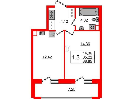 Продажа 1-комнатной квартиры 35,2 м², 12/23 этаж