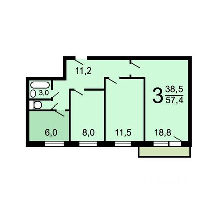 Продажа 3-комнатной квартиры 57,4 м², 7/9 этаж