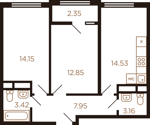 56,1 м², 2-комн. квартира, 4/8 этаж