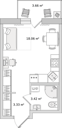 28,5 м², студия, 16/22 этаж