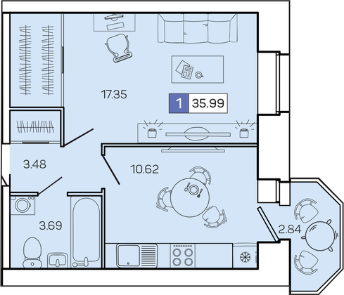 36 м², 1-комн. квартира, 7/9 этаж