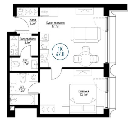 Продажа 1-комнатной квартиры 42 м², 25/30 этаж