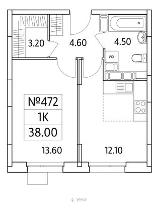 38 м², 1-комн. квартира, 24/25 этаж