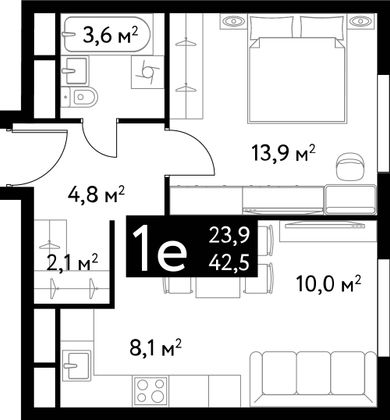 Продажа 1-комнатной квартиры 42,5 м², 7/22 этаж