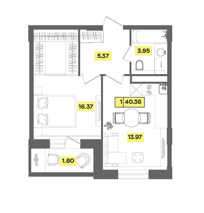 40,4 м², 2-комн. квартира, 7 этаж