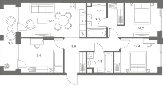 82,9 м², 3-комн. квартира, 3/7 этаж