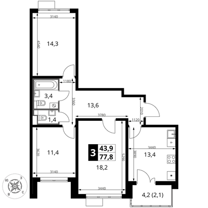 77,8 м², 3-комн. квартира, 18/22 этаж