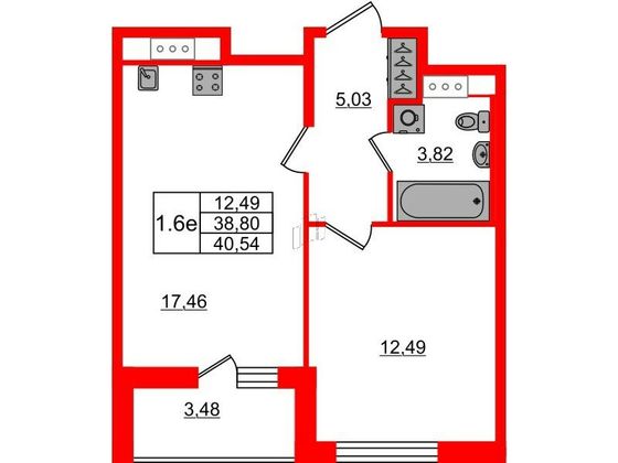 Продажа 1-комнатной квартиры 38,8 м², 5/14 этаж