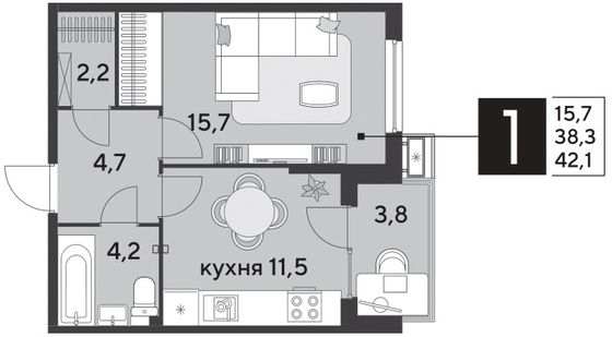Продажа 1-комнатной квартиры 42,1 м², 2/9 этаж