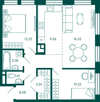 65,4 м², 2-комн. квартира, 5/18 этаж