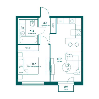 38,7 м², 1-комн. квартира, 4 этаж