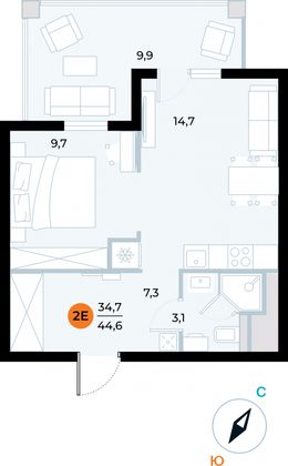 44,6 м², 1-комн. квартира, 2/6 этаж