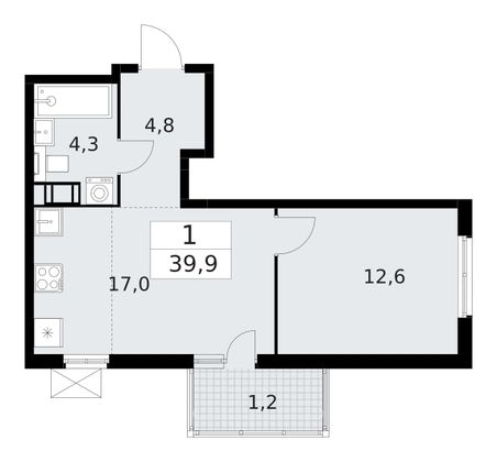 39,9 м², 1-комн. квартира, 3/11 этаж