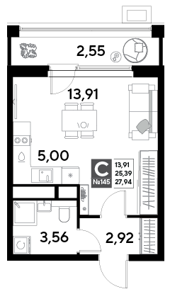 Продажа квартиры-студии 27,9 м², 13/25 этаж
