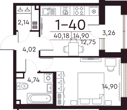 40,4 м², 1-комн. квартира, 6/8 этаж