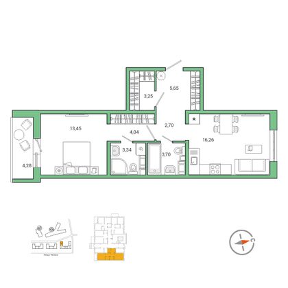 55,4 м², 1-комн. квартира, 1/9 этаж