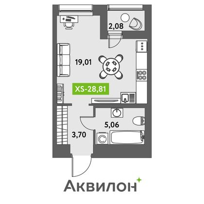 28,8 м², студия, 2/12 этаж