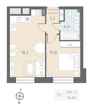 Продажа 1-комнатной квартиры 36,6 м², 2/10 этаж