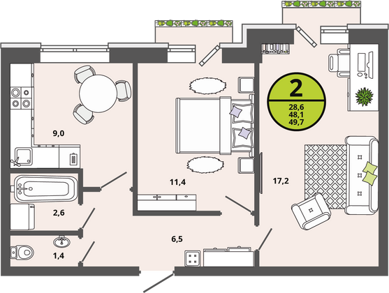 Продажа 2-комнатной квартиры 48,1 м², 2/3 этаж