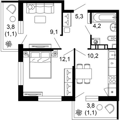 43,1 м², 2-комн. квартира, 2/12 этаж