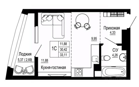Продажа квартиры-студии 33,1 м², 11/26 этаж