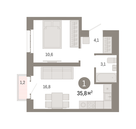 35,8 м², 1-комн. квартира, 28/31 этаж