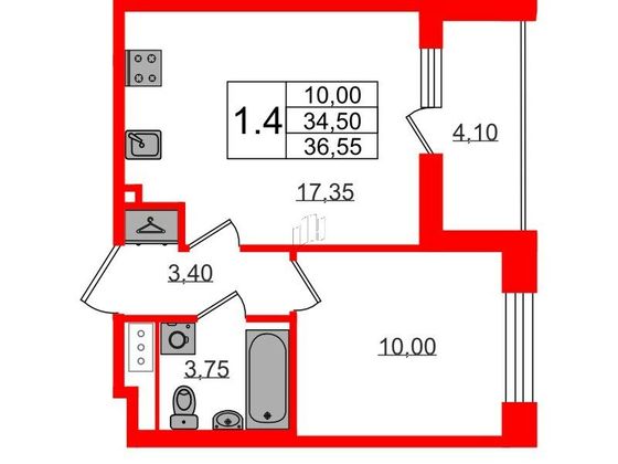 Продажа 1-комнатной квартиры 34,5 м², 10/12 этаж