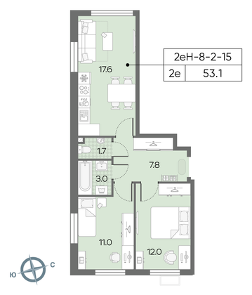 Продажа 2-комнатной квартиры 53,1 м², 14/24 этаж